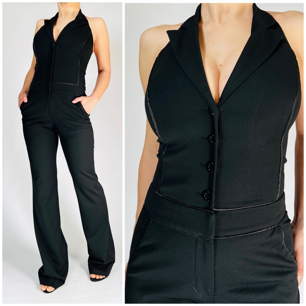 BEBE Women's Black Jumpsuit Tuxedo Halter Elegant Romper Size 4